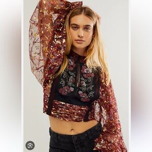 Free People Camille Embellished Beaded Foil Statement Top Blouse